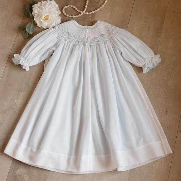 Smocked Dress Long Sleeve Bishop White & Blue w/Embroidery Will'beth Size 2 NWT - Picture 2 of 9